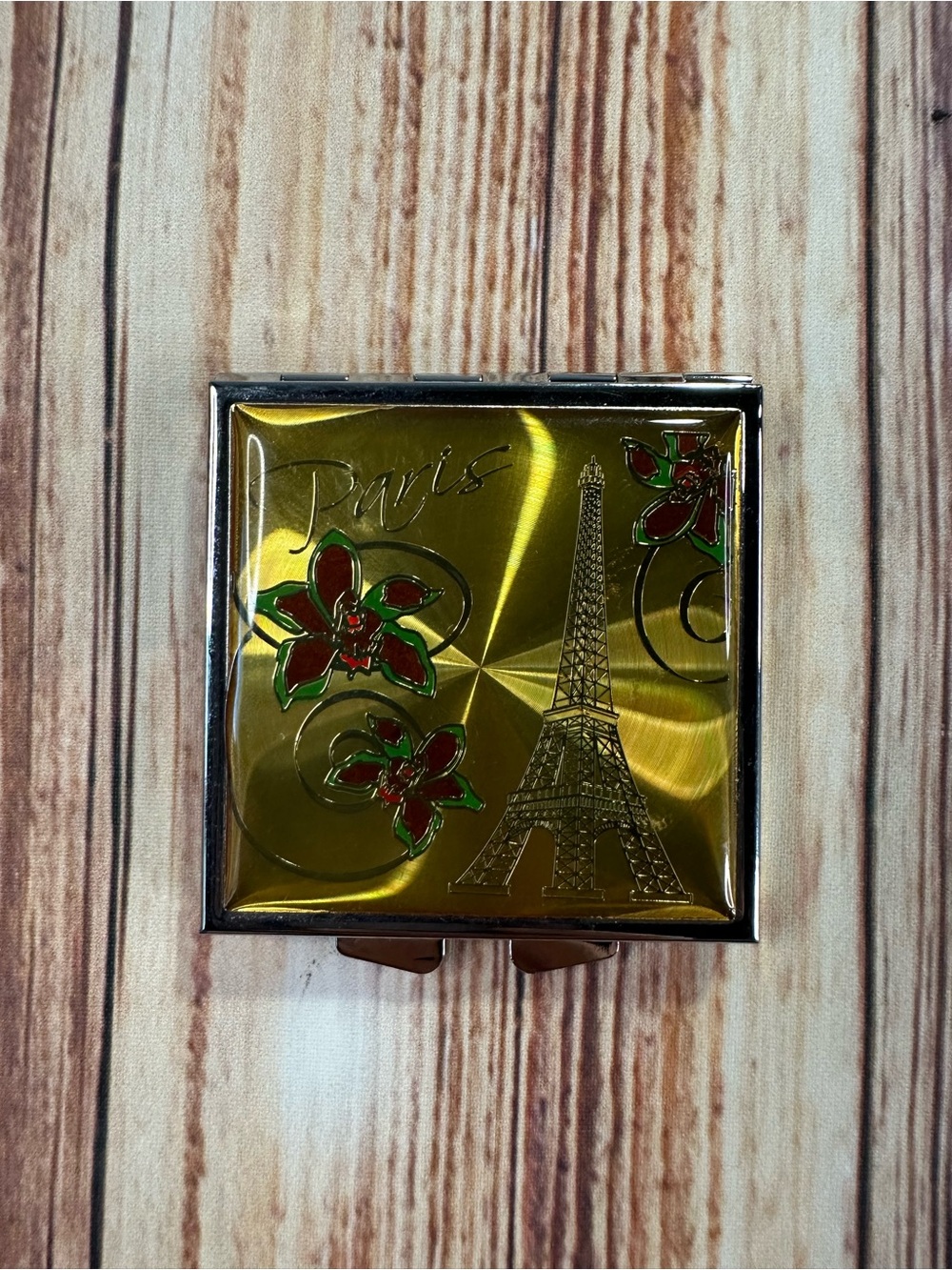 Vintage Paris Eiffel Tower Floral Compact Mirror Gold & Red